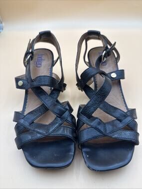 Indigo by Clarks Black Leather Wedge Women's Sandals Strappy US Size 8.5